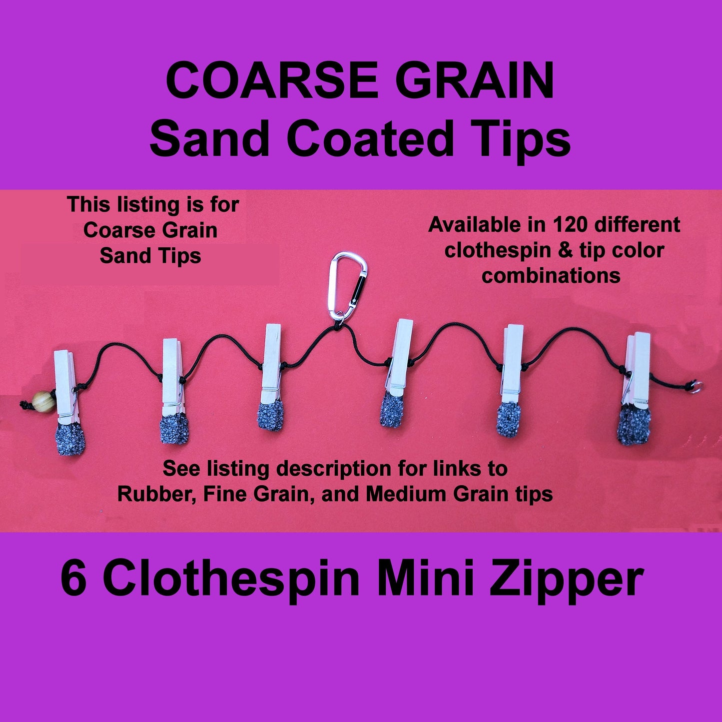 6 Pin Mini Zipper Play With COARSE GRAIN Sand Tips.  NEW Clothespin & Sand Tip Colors Available. Serious Sadists/Masochists only!