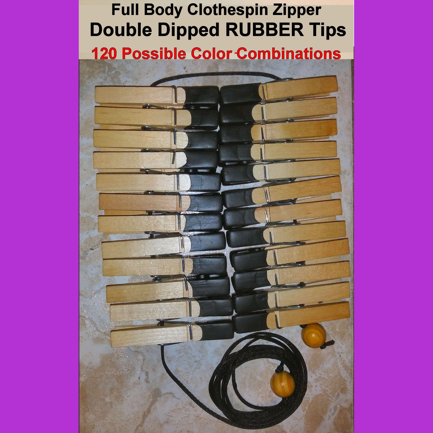 Full Body Clothespin Zipper Play - 24 Rubber Tipped Clothespins on 8' Cord. Please READ Description.